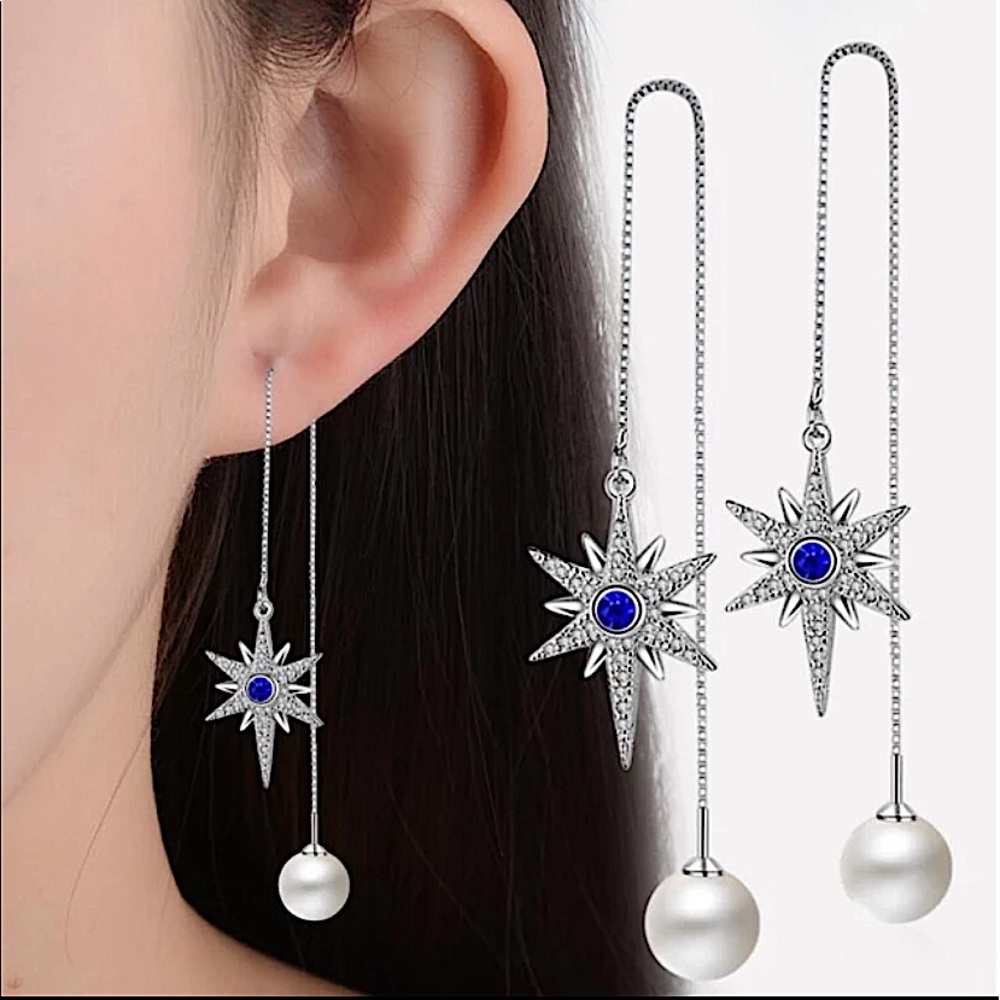 STERLING SILVER CRYSTAL STAR PEARL THREADER EARRINGS